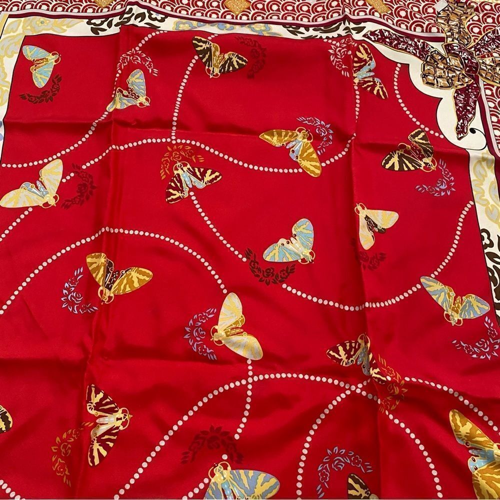 NEW Cartier Paris Red White Silk Crepe Butterflies Moth Square Scarf Shawl - Picture 5 of 12